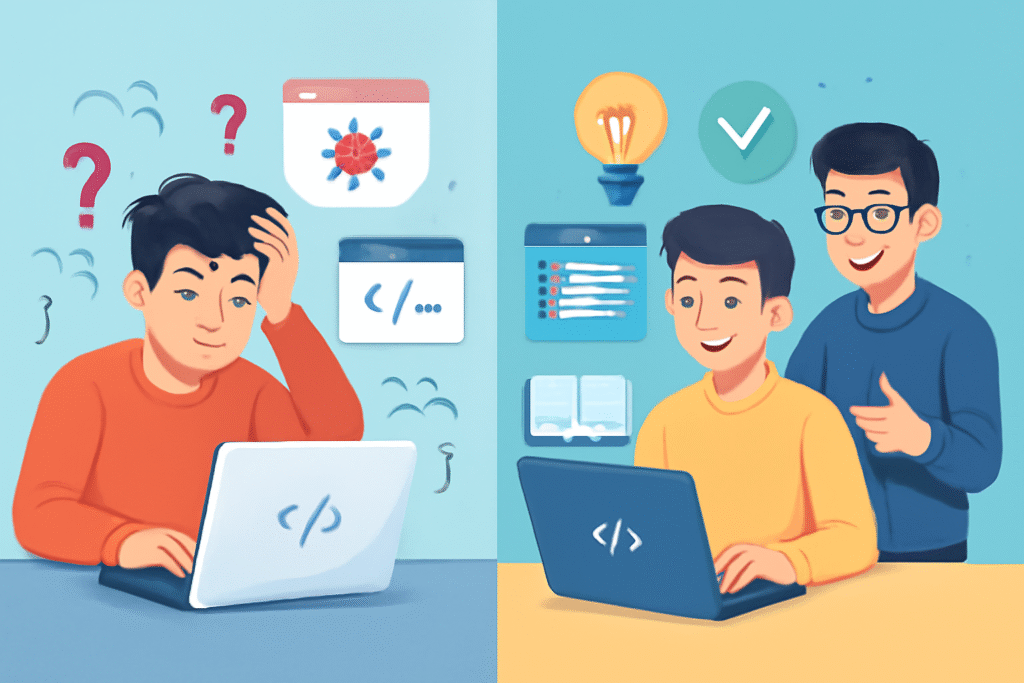 Po jednej stronie – nauka metodą prób i błędów. Po drugiej stronie – nauka z nauczycielem lub mentorem.